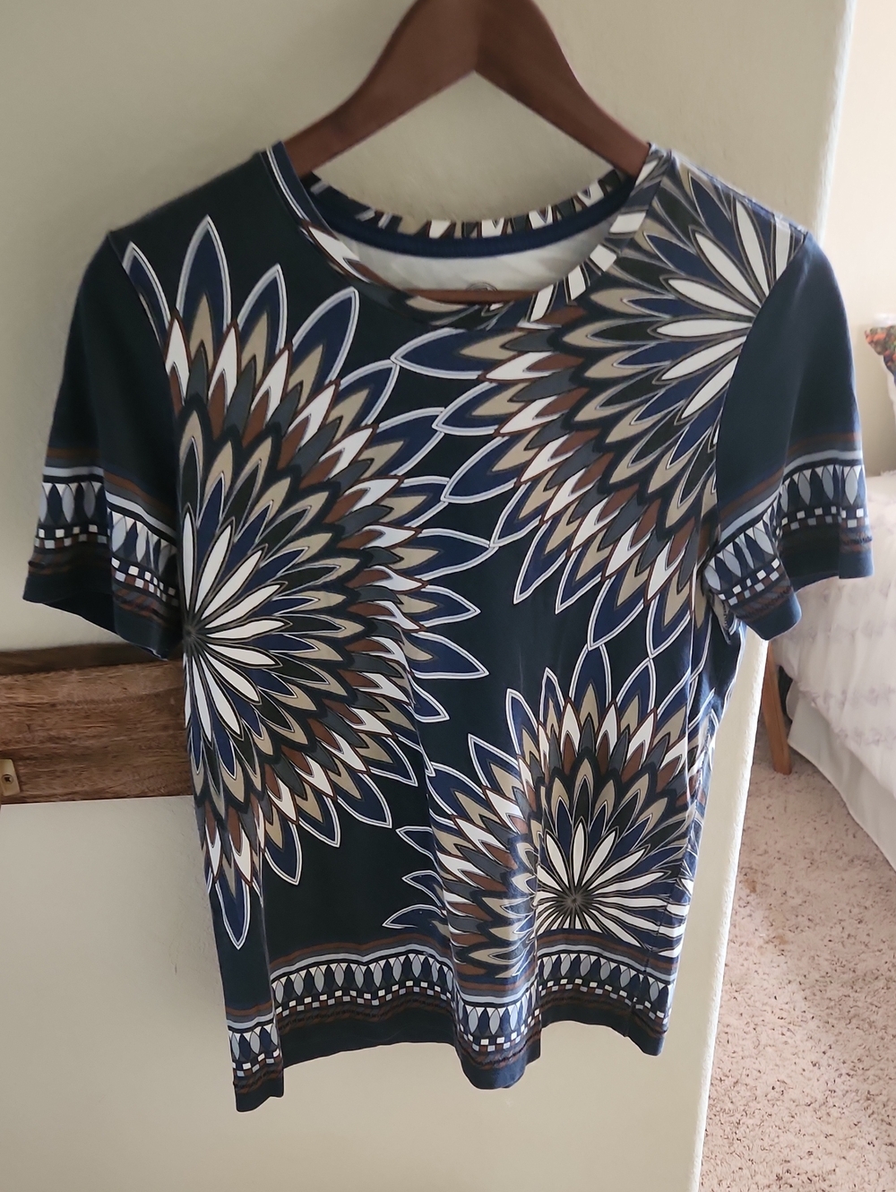 Tory Burch Navy Floral Medallion Short Sleeve Tee with Brown Accents